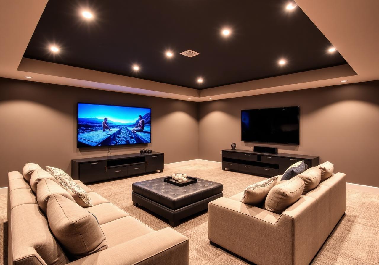 Finished basement family room with sectional and recessed lighting