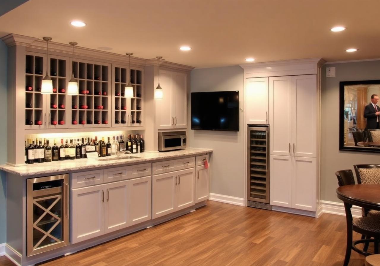 Finished basement home bar with wine display and pendant lights