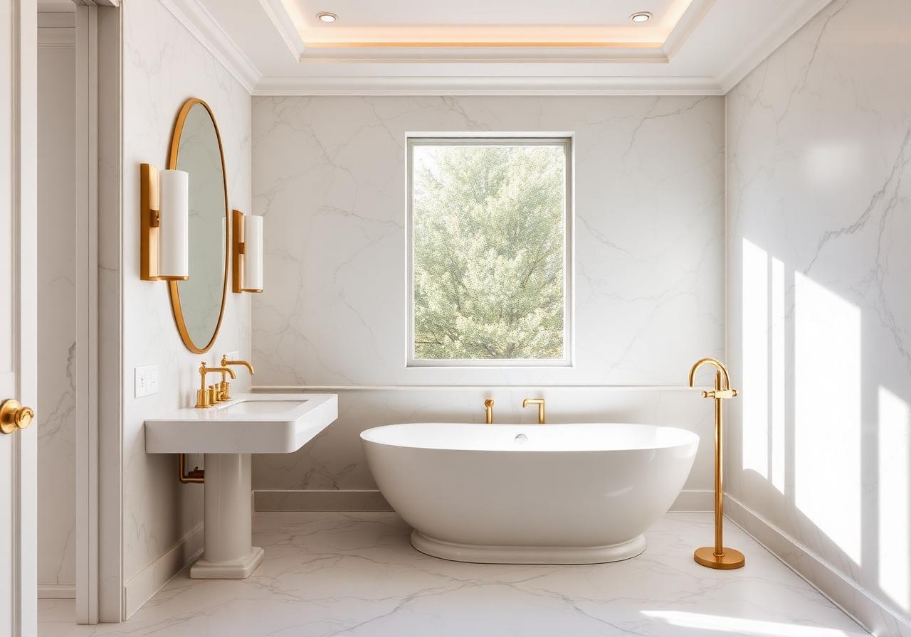 Luxury master bathroom with freestanding tub and gold fixtures