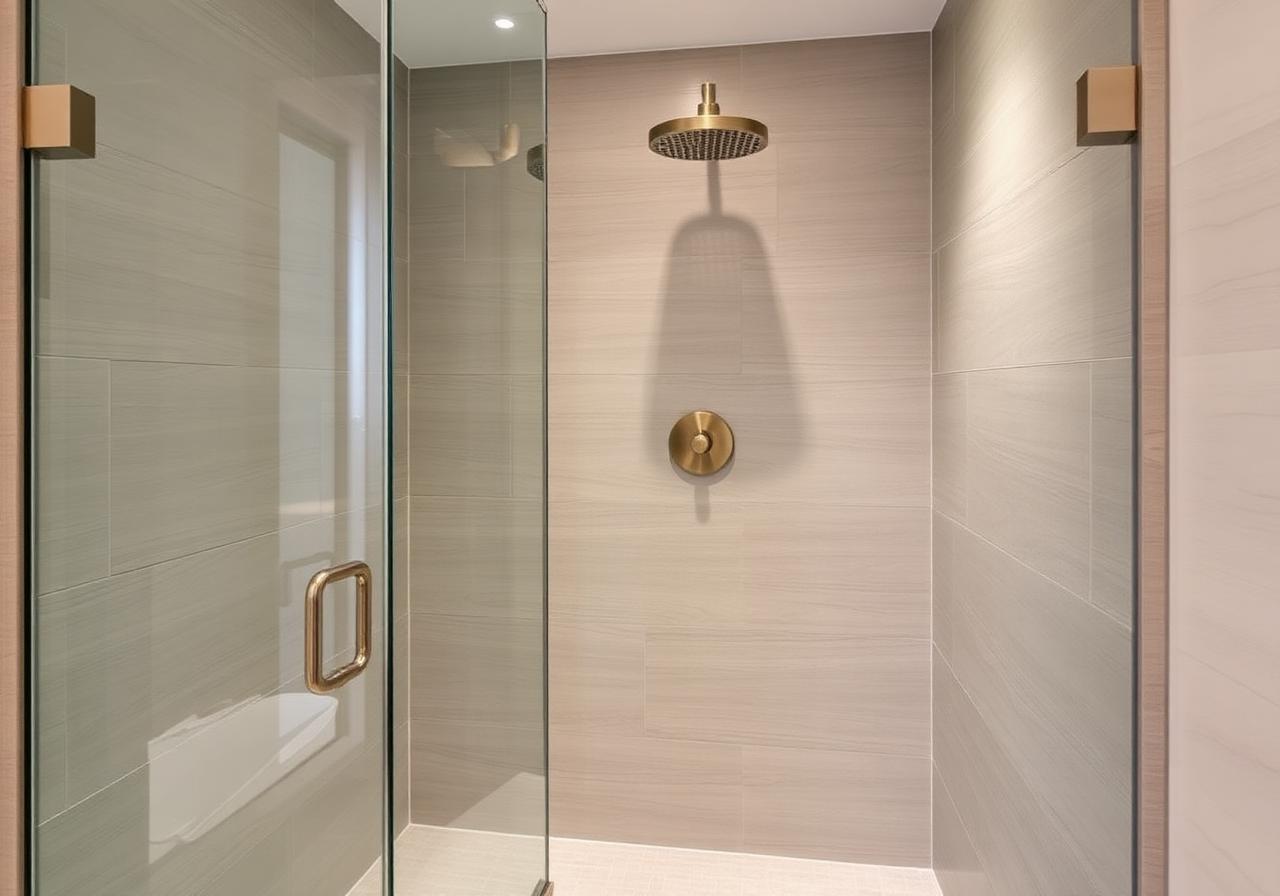 Walk-in shower with frameless glass and brass rainfall fixture