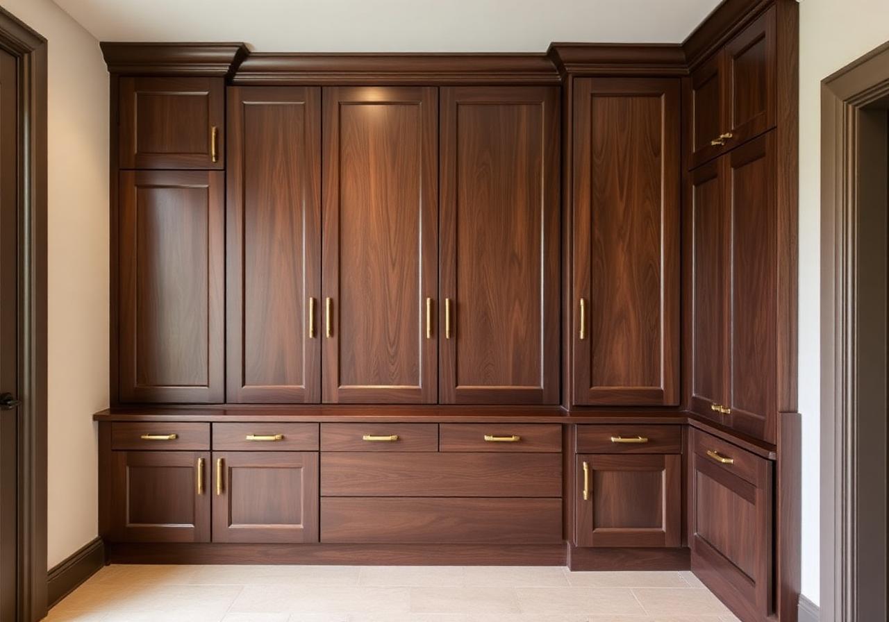 Custom dark walnut built-in cabinets with brass pulls