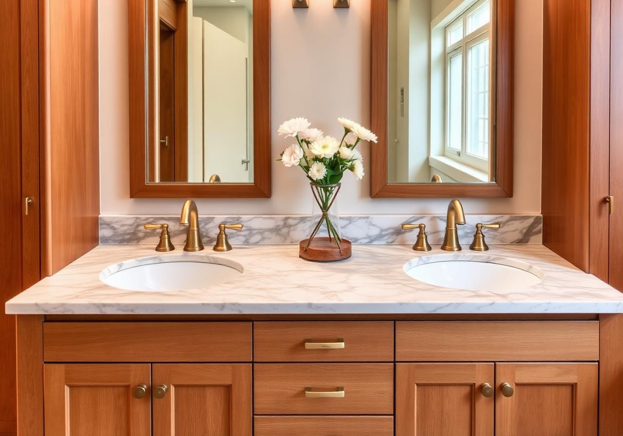 Custom bathroom vanity with marble top and double sinks