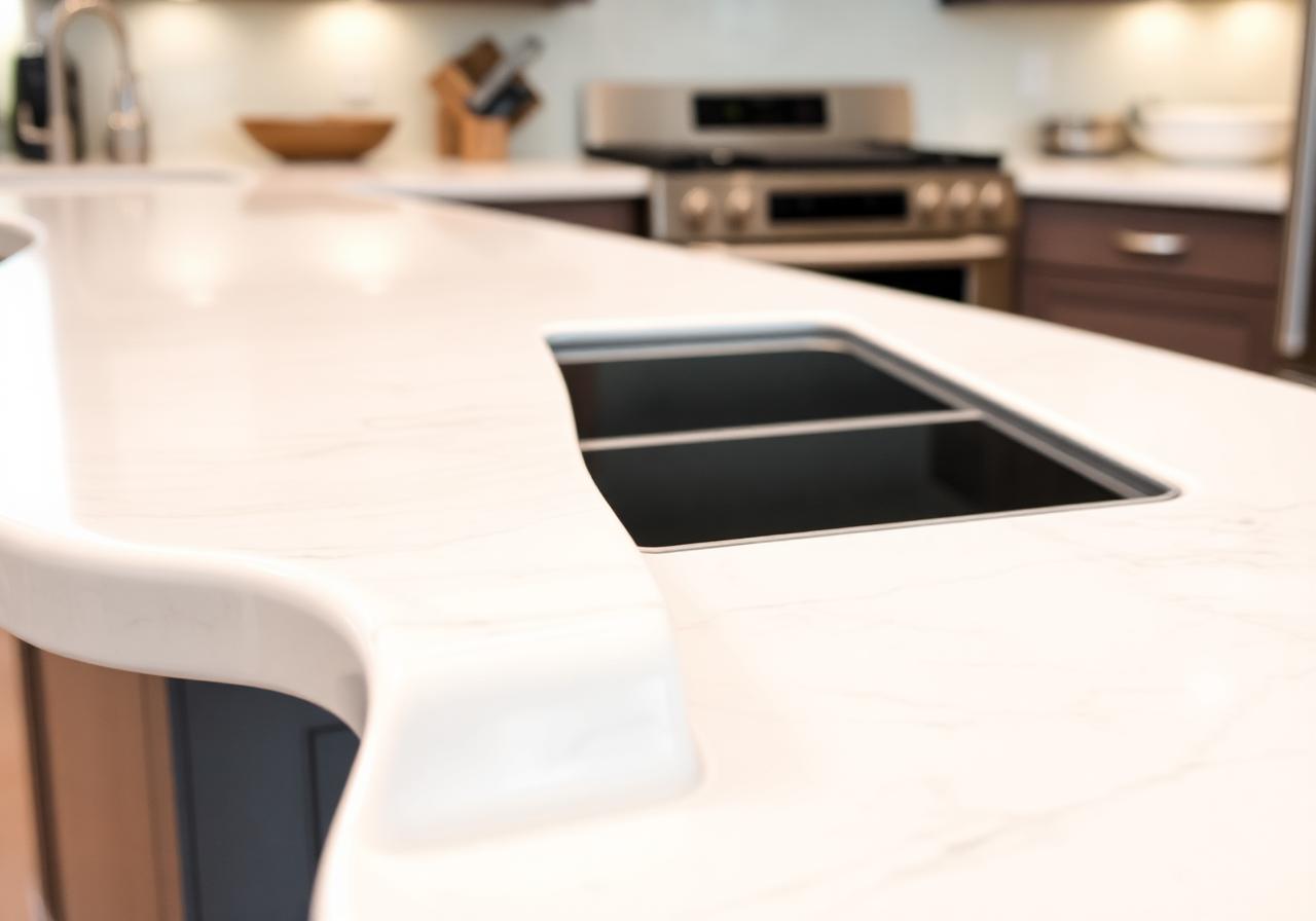 Polished white quartz countertop with waterfall edge