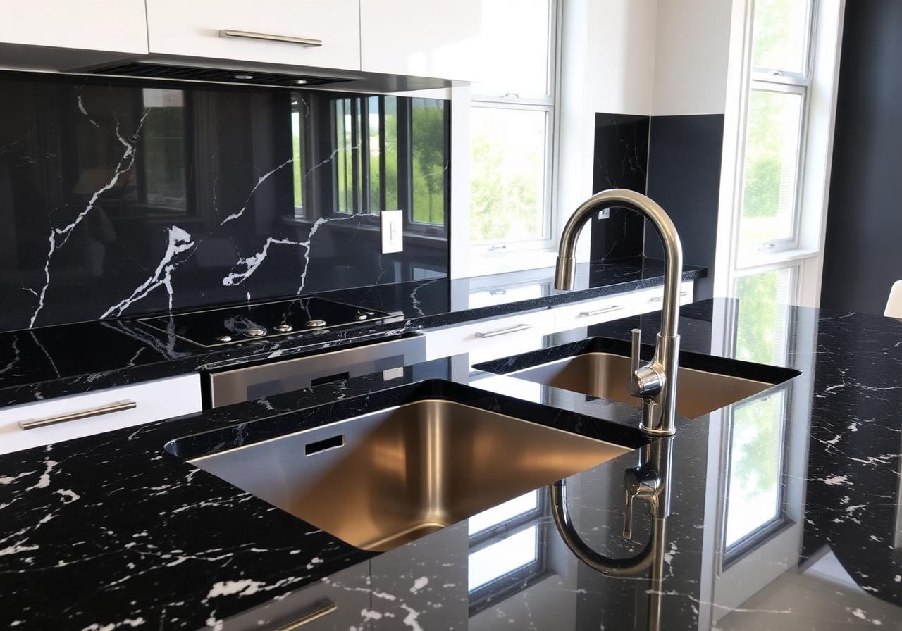 Black granite countertop with undermount sink