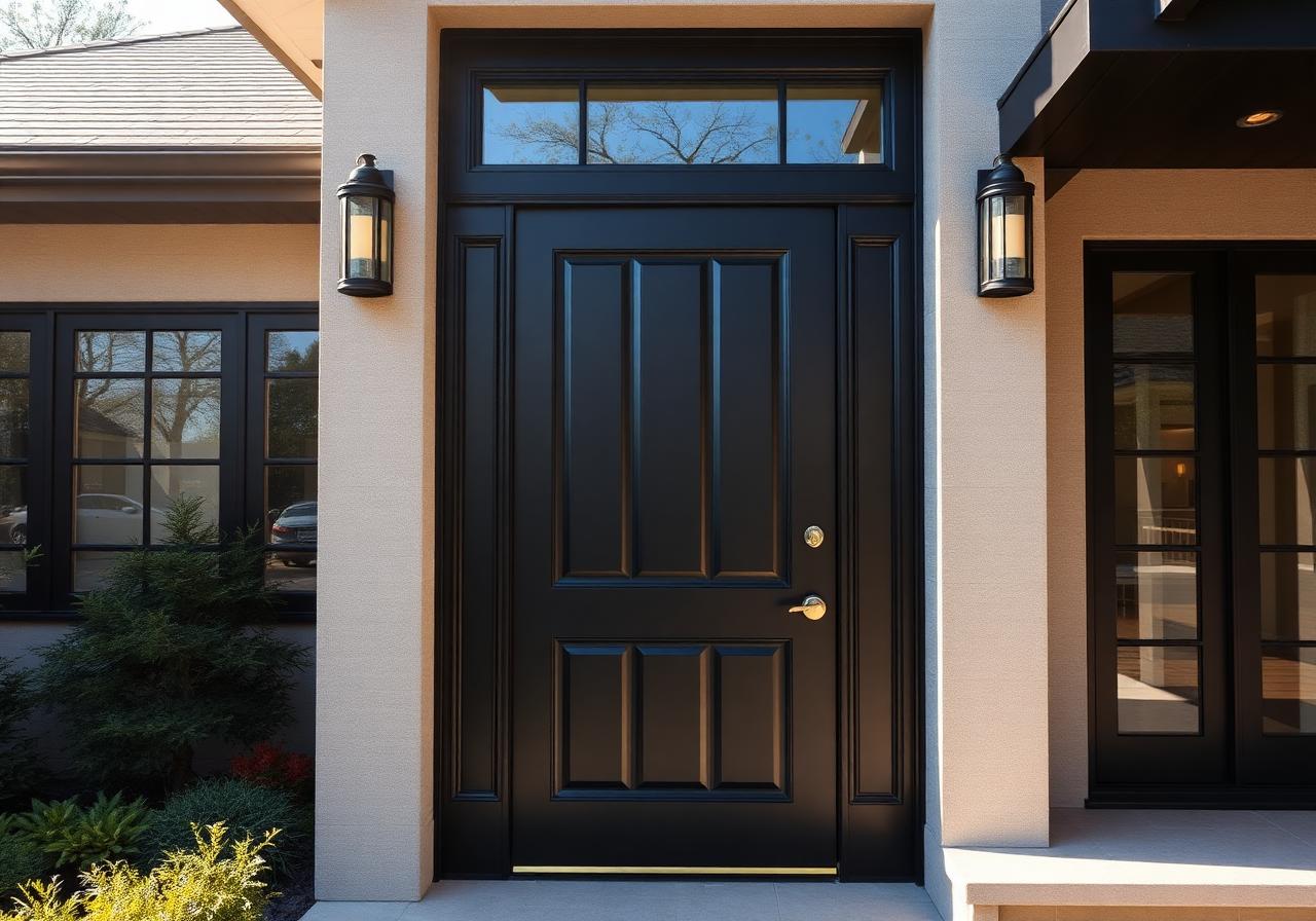 Modern black entry door with brass hardware on luxury home