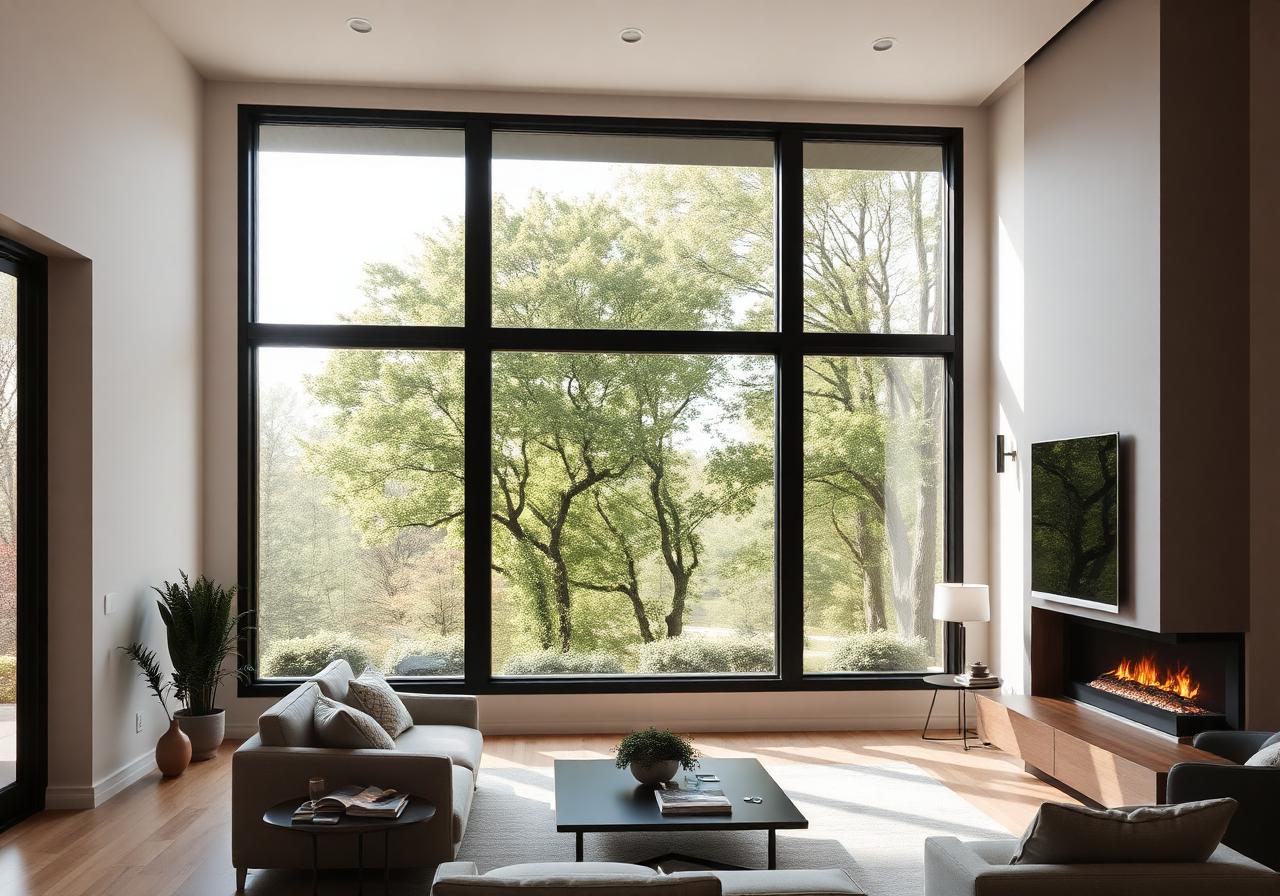 Large black-framed picture windows in modern living room