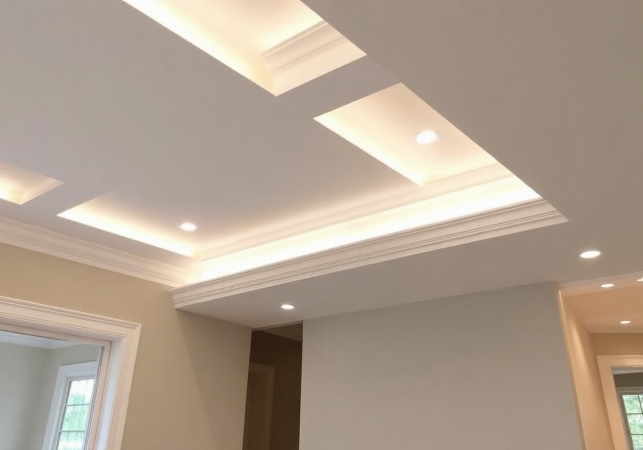 Smooth finished drywall with crown molding and recessed lighting