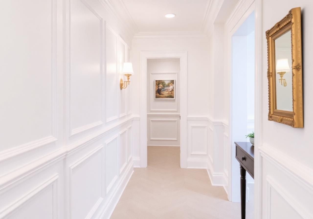Elegant white wainscoting and trim work in hallway