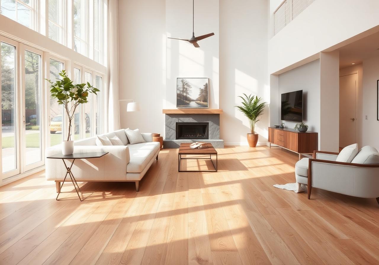 Wide plank white oak hardwood flooring in modern living room