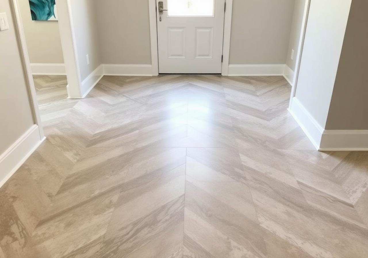 Large format porcelain tile floor in herringbone pattern