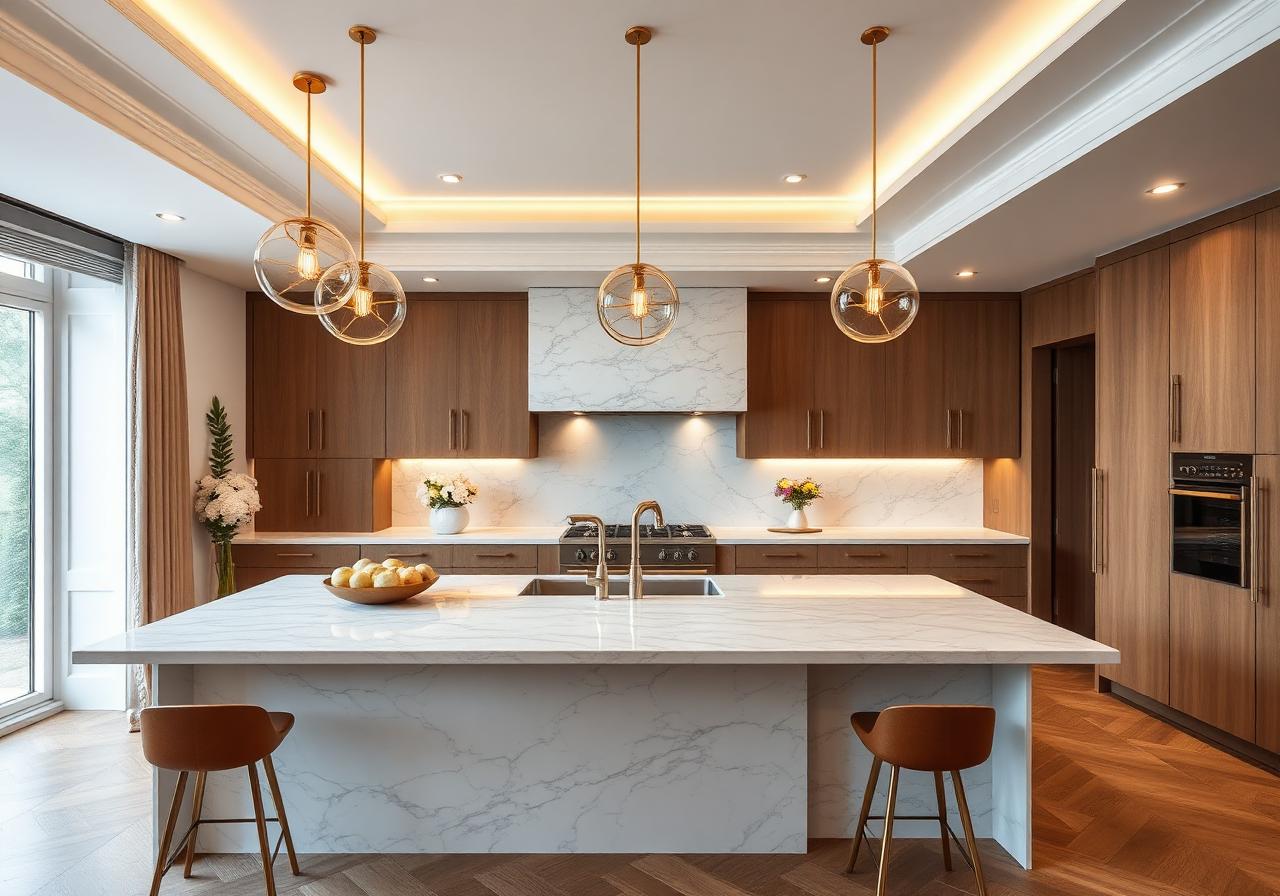 Luxury kitchen remodel with marble island and gold pendant lights