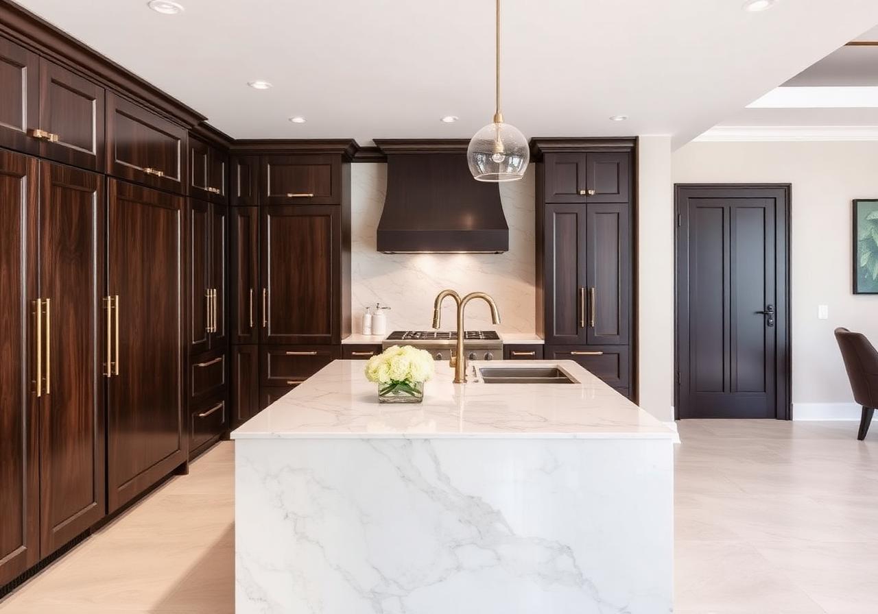 Custom dark wood kitchen with quartz waterfall island