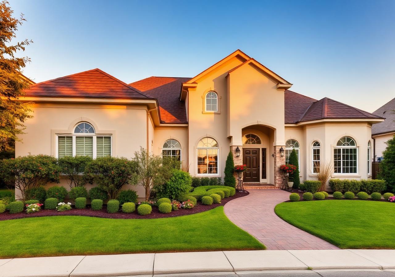 Well-maintained suburban luxury home exterior at golden hour