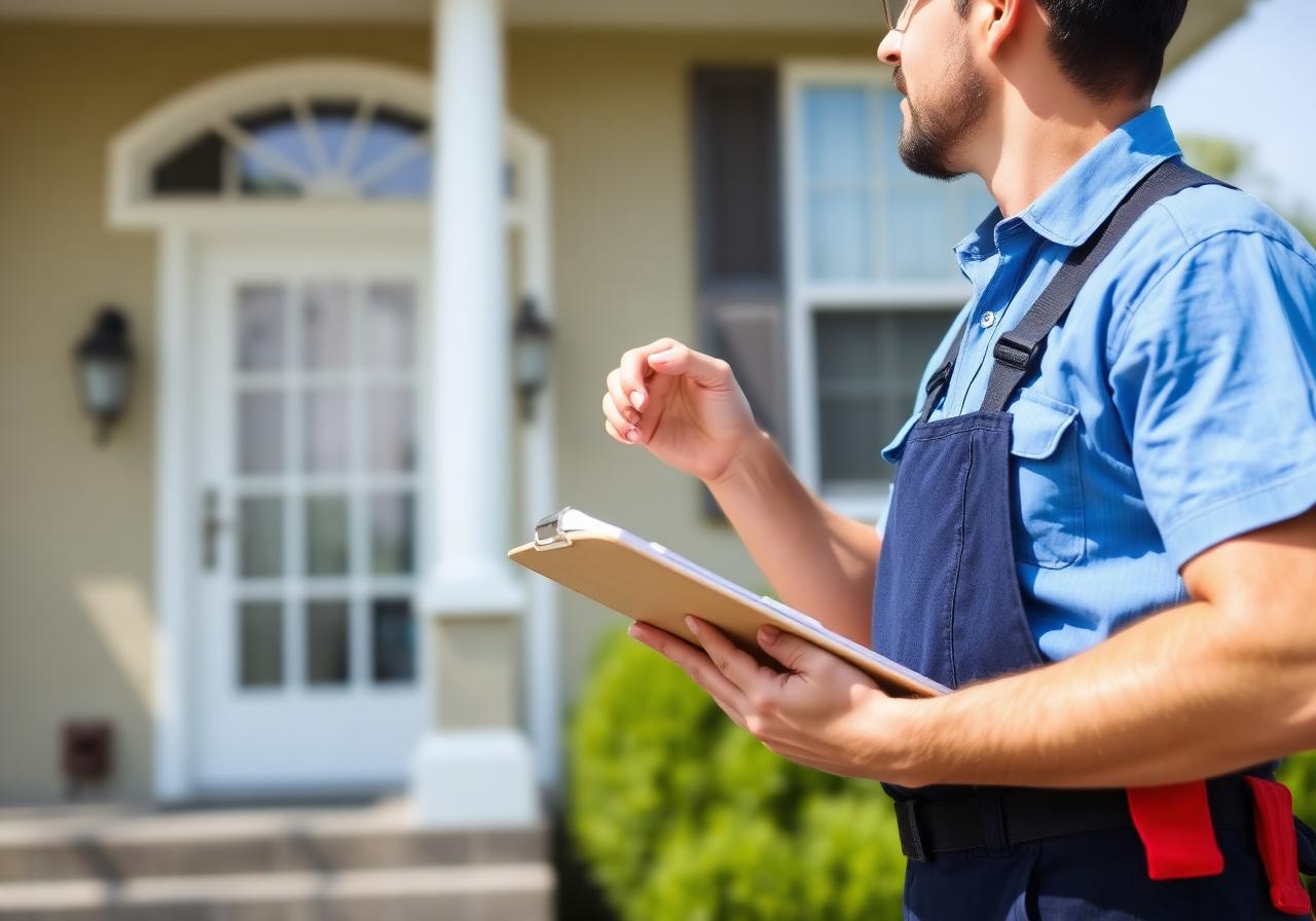 Property maintenance worker inspecting home with clipboard