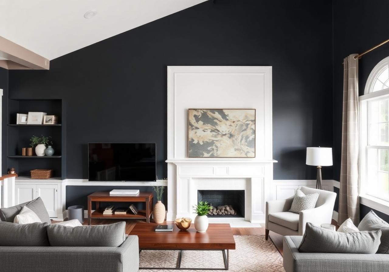 Modern living room with charcoal accent wall and white trim