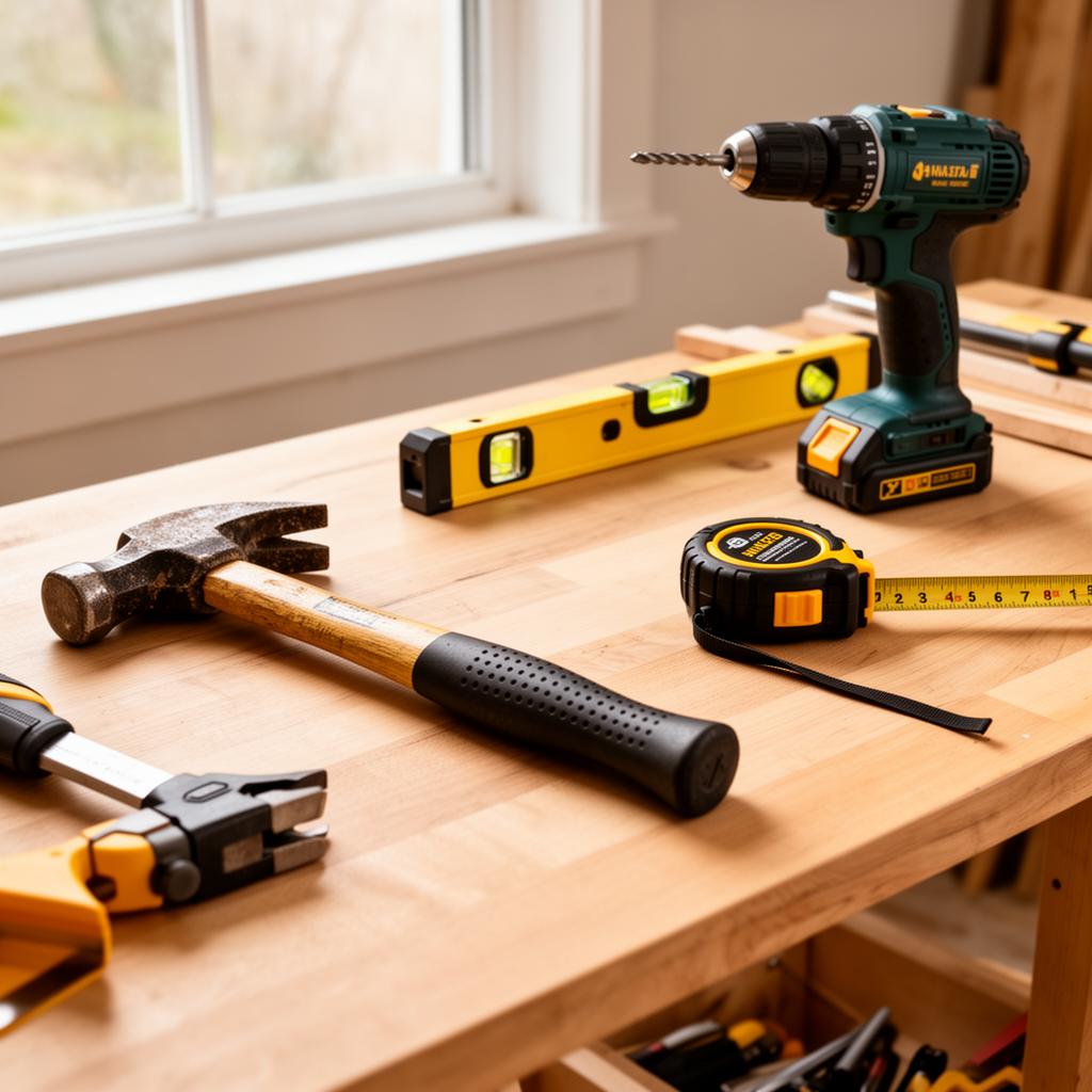 Construction tools arranged on workbench